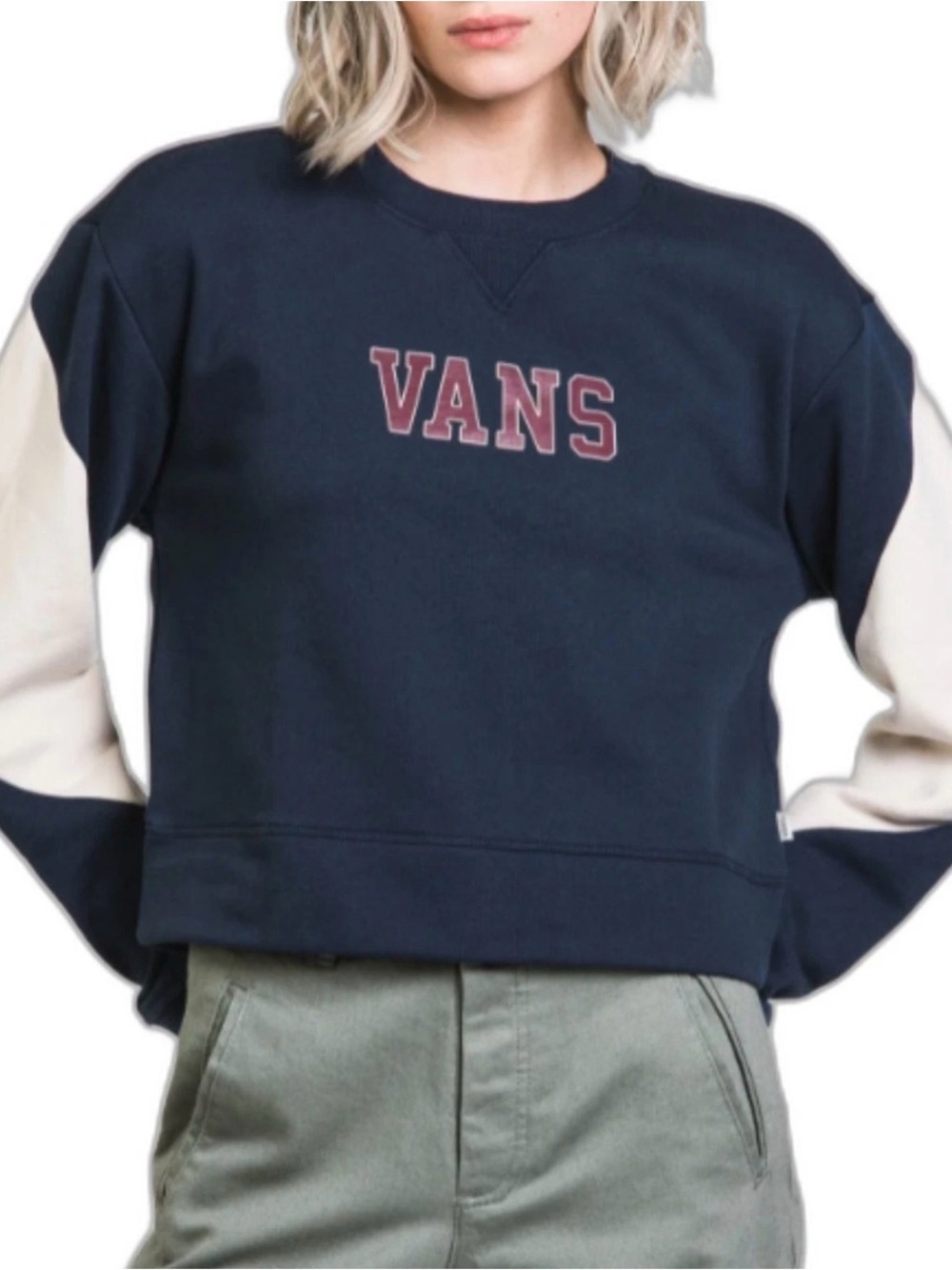 Vans Women’s Academy Colorblock Crop Grunge Crewneck Navy & Cream Size Medium